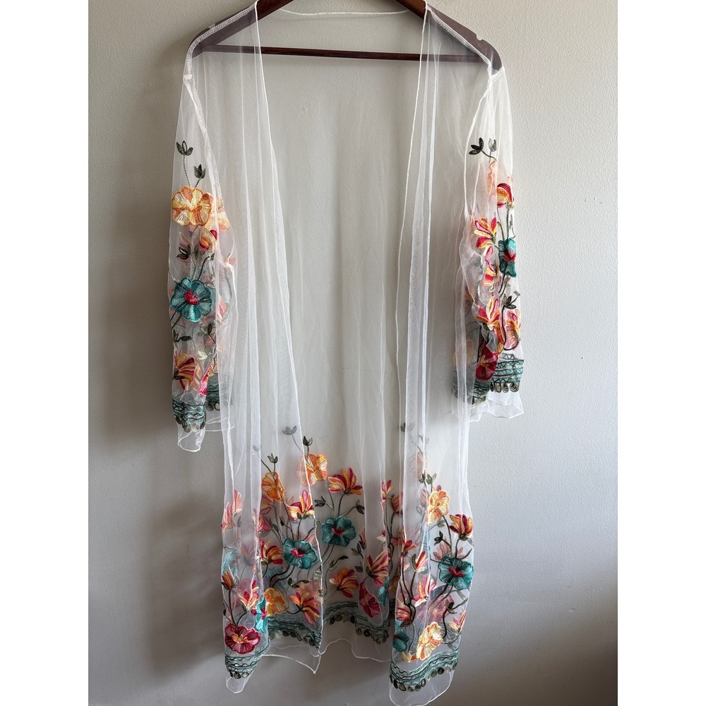 SHEIN XL Floral Embroidered Sheer Mesh Kimono Duster Boho